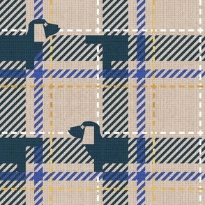 Small scale // Ta ta tartan doxie reworked tartan // greige background nile blue dachshund dog electric blue white and golden textured criss-crossed vertical and horizontal stripes