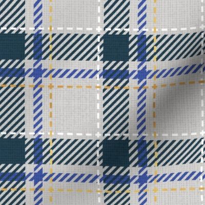 Small scale // Reworked tartan cloth // light grey background nile blue electric blue white and golden textured criss-crossed vertical and horizontal stripes