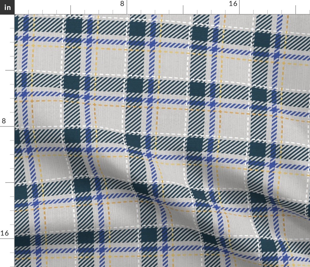 Small scale // Reworked tartan cloth // light grey background nile blue electric blue white and golden textured criss-crossed vertical and horizontal stripes