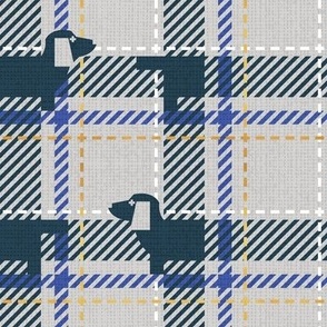 Small scale // Ta ta tartan doxie reworked tartan // light grey background nile blue dachshund dog electric blue white and golden textured criss-crossed vertical and horizontal stripes