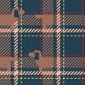 Small scale // Ta ta tartan doxie reworked tartan // nile blue background toast brown dachshund dog flesh vivid red and golden textured criss-crossed vertical and horizontal stripes