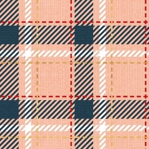 Small scale // Reworked tartan cloth // flesh background nile blue vivid red white and golden textured criss-crossed vertical and horizontal stripes