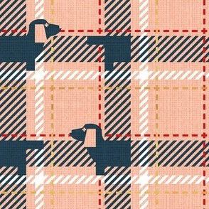 Small scale // Ta ta tartan doxie reworked tartan // flesh background nile blue dachshund dog vivid red white and golden textured criss-crossed vertical and horizontal stripes