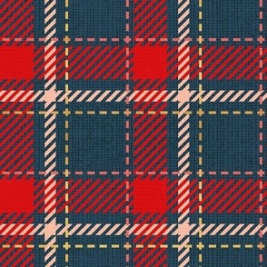 Small scale // Reworked tartan cloth // nile blue background vivid red flesh coral and golden textured criss-crossed vertical and horizontal stripes