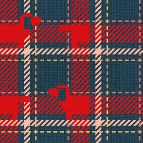 Small scale // Ta ta tartan doxie reworked tartan // nile blue background vivid red dachshund dog flesh coral and golden textured criss-crossed vertical and horizontal stripes
