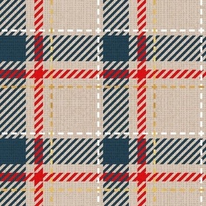 Small scale // Reworked tartan cloth // greige background nile blue vivid red white and golden textured criss-crossed vertical and horizontal stripes