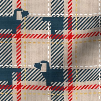 Small scale // Ta ta tartan doxie reworked tartan // greige background nile blue dachshund dog vivid red white and golden textured criss-crossed vertical and horizontal stripes