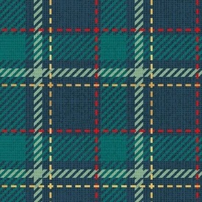Small scale // Reworked tartan cloth // nile blue background pine jade green vivid red and golden textured criss-crossed vertical and horizontal stripes