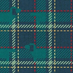 Small scale // Ta ta tartan doxie reworked tartan // nile blue background pine dachshund dog jade green vivid red and golden textured criss-crossed vertical and horizontal stripes