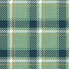 Normal scale // Reworked tartan cloth // jade green background nile blue pine green white and golden textured criss-crossed vertical and horizontal stripes
