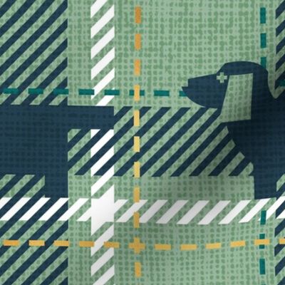 Normal scale // Ta ta tartan doxie reworked tartan // jade green background nile blue dachshund dog pine green white and golden textured criss-crossed vertical and horizontal stripes