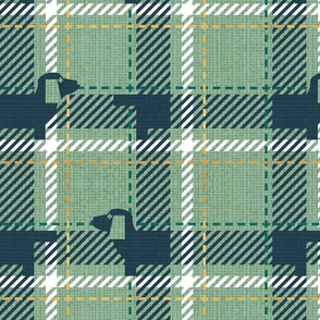 Normal scale // Ta ta tartan doxie reworked tartan // jade green background nile blue dachshund dog pine green white and golden textured criss-crossed vertical and horizontal stripes