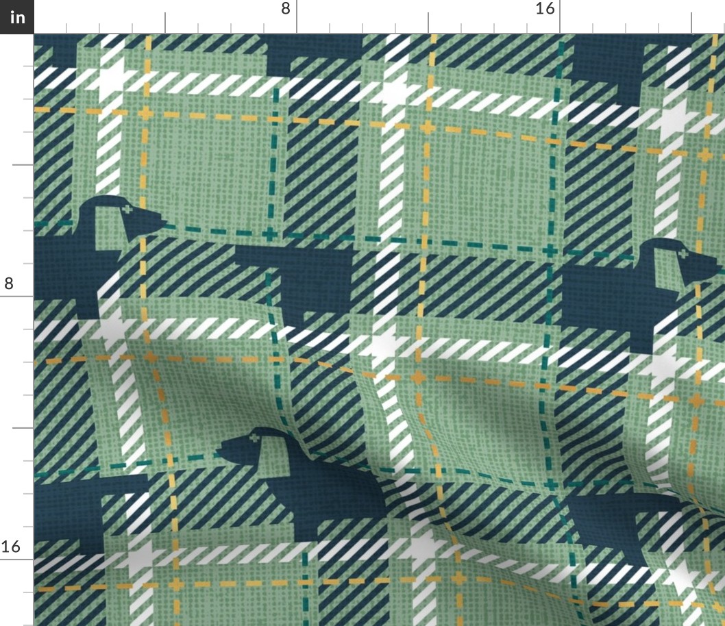 Normal scale // Ta ta tartan doxie reworked tartan // jade green background nile blue dachshund dog pine green white and golden textured criss-crossed vertical and horizontal stripes