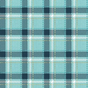 Tiny scale // Reworked tartan cloth // mint background nile blue peacock blue white and golden textured criss-crossed vertical and horizontal stripes