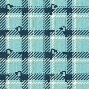 Tiny scale // Ta ta tartan doxie reworked tartan // mint background nile blue dachshund dog peacock blue white and golden textured criss-crossed vertical and horizontal stripes