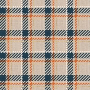 Tiny scale // Reworked tartan cloth // greige background nile blue gold drop orange white and golden textured criss-crossed vertical and horizontal stripes