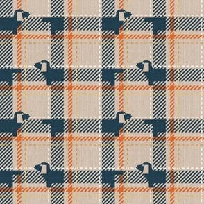 Tiny scale // Ta ta tartan doxie reworked tartan // greige background nile blue dachshund dog gold drop orange white and golden textured criss-crossed vertical and horizontal stripes