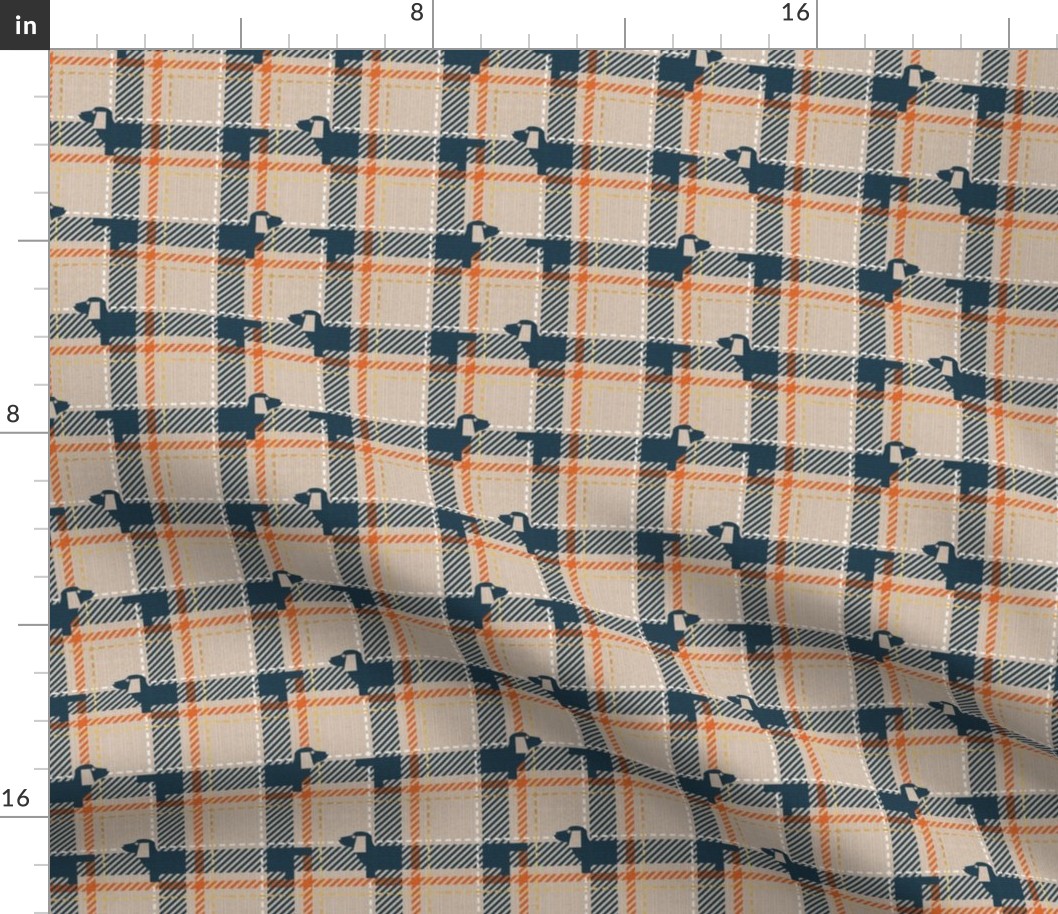 Tiny scale // Ta ta tartan doxie reworked tartan // greige background nile blue dachshund dog gold drop orange white and golden textured criss-crossed vertical and horizontal stripes