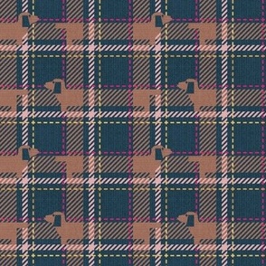 Tiny scale // Ta ta tartan doxie reworked tartan // nile blue background toast brown dachshund dog blush fuchsia pink and golden textured criss-crossed vertical and horizontal stripes