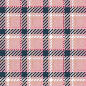 Tiny scale // Reworked tartan cloth // blush pink background nile blue fuchsia pink white and golden textured criss-crossed vertical and horizontal stripes