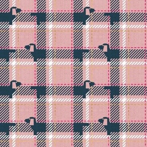 Tiny scale // Ta ta tartan doxie reworked tartan // blush pink background nile blue dachshund dog fuchsia pink white and golden textured criss-crossed vertical and horizontal stripes