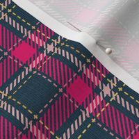 Tiny scale // Reworked tartan cloth // nile blue background fuchsia pink carissma blush pink and golden textured criss-crossed vertical and horizontal stripes