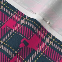 Tiny scale // Ta ta tartan doxie reworked tartan // nile blue background fuchsia pink dachshund dog carissma blush pink and golden textured criss-crossed vertical and horizontal stripes