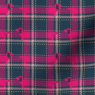 Tiny scale // Ta ta tartan doxie reworked tartan // nile blue background fuchsia pink dachshund dog carissma blush pink and golden textured criss-crossed vertical and horizontal stripes