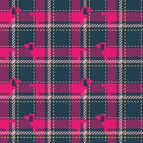 Tiny scale // Ta ta tartan doxie reworked tartan // nile blue background fuchsia pink dachshund dog carissma blush pink and golden textured criss-crossed vertical and horizontal stripes