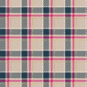 Tiny scale // Reworked tartan cloth // greige background nile blue fuchsia pink white and golden textured criss-crossed vertical and horizontal stripes