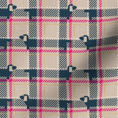Tiny scale // Ta ta tartan doxie reworked tartan // greige background nile blue dachshund dog fuchsia pink white and golden textured criss-crossed vertical and horizontal stripes