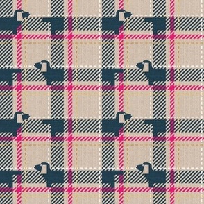 Tiny scale // Ta ta tartan doxie reworked tartan // greige background nile blue dachshund dog fuchsia pink white and golden textured criss-crossed vertical and horizontal stripes