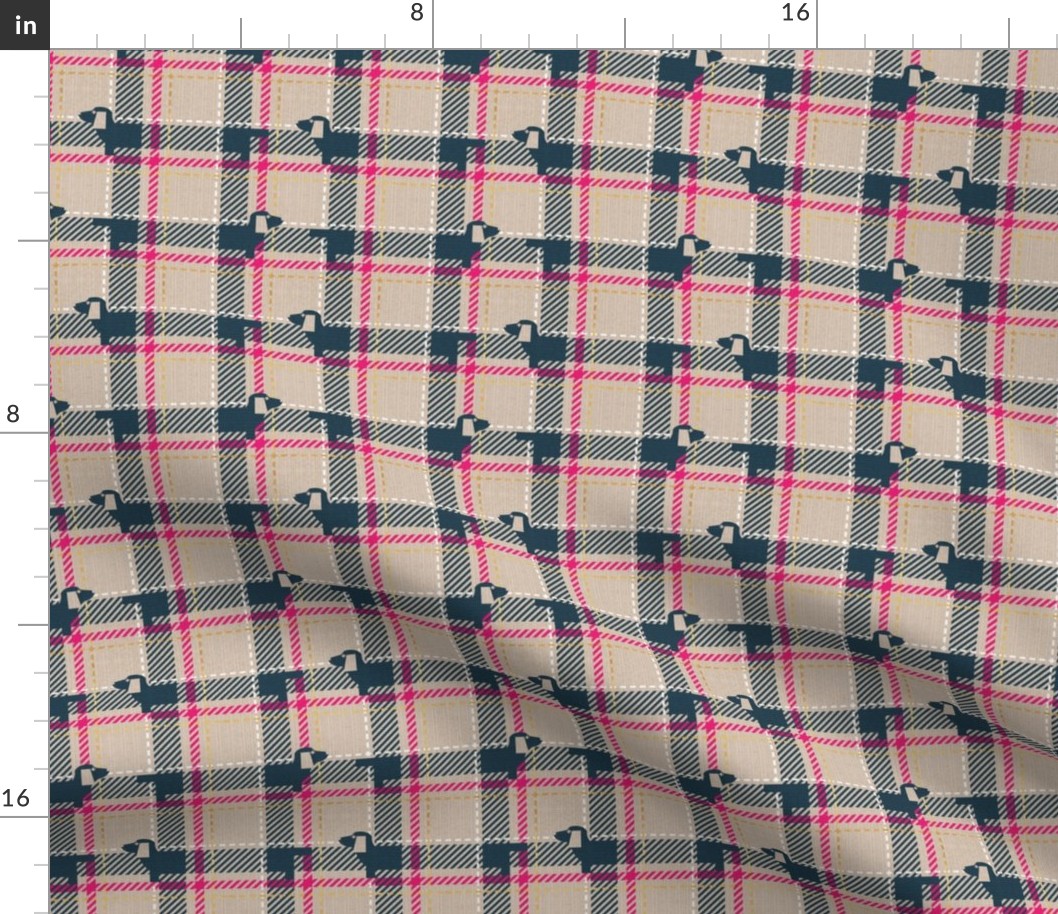 Tiny scale // Ta ta tartan doxie reworked tartan // greige background nile blue dachshund dog fuchsia pink white and golden textured criss-crossed vertical and horizontal stripes