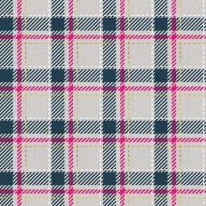 Tiny scale // Reworked tartan cloth // light grey background nile blue fuchsia pink white and golden textured criss-crossed vertical and horizontal stripes