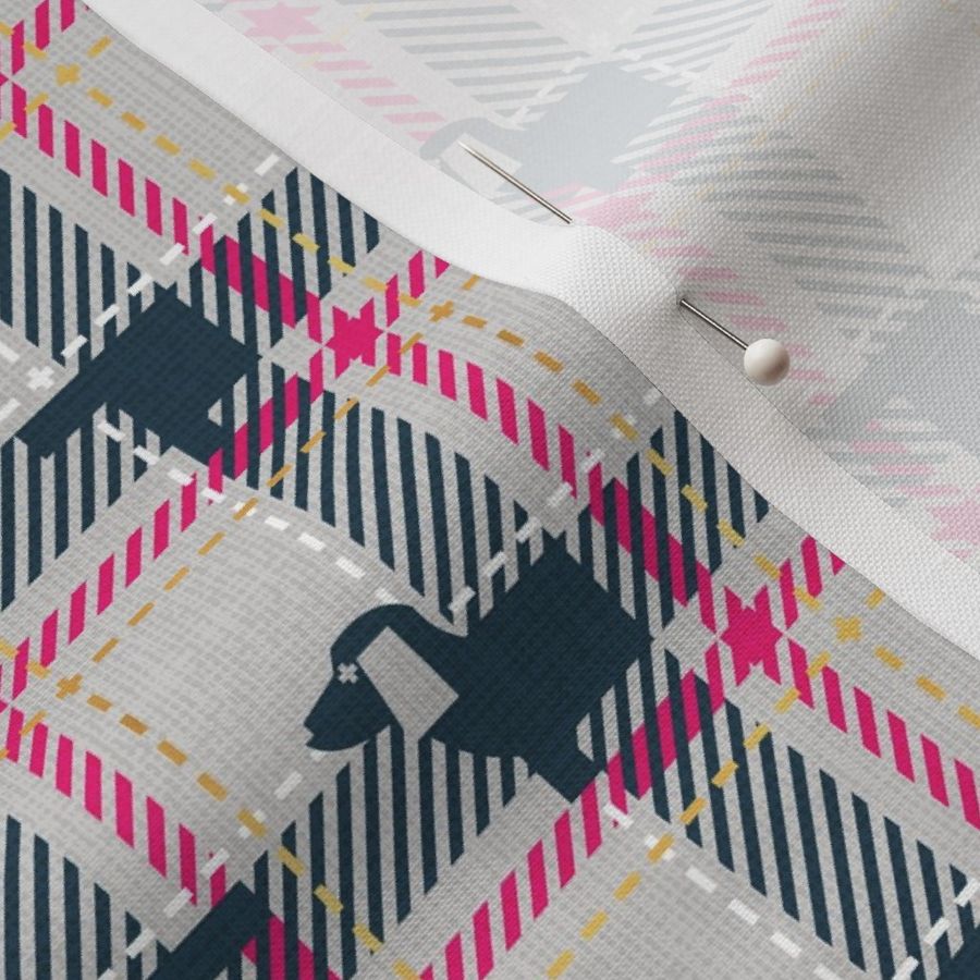 Tiny scale // Ta ta tartan doxie reworked tartan // light grey background nile blue dachshund dog fuchsia pink white and golden textured criss-crossed vertical and horizontal stripes