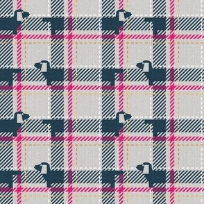 Tiny scale // Ta ta tartan doxie reworked tartan // light grey background nile blue dachshund dog fuchsia pink white and golden textured criss-crossed vertical and horizontal stripes