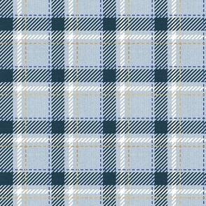 Tiny scale // Reworked tartan cloth // pastel blue background nile blue electric blue white and golden textured criss-crossed vertical and horizontal stripes