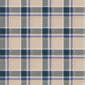 Tiny scale // Reworked tartan cloth // greige background nile blue electric blue white and golden textured criss-crossed vertical and horizontal stripes
