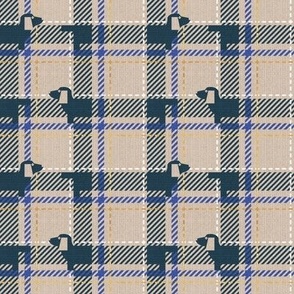 Tiny scale // Ta ta tartan doxie reworked tartan // greige background nile blue dachshund dog electric blue white and golden textured criss-crossed vertical and horizontal stripes