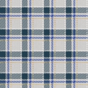 Tiny scale // Reworked tartan cloth // light grey background nile blue electric blue white and golden textured criss-crossed vertical and horizontal stripes