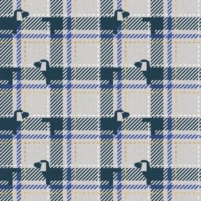 Tiny scale // Ta ta tartan doxie reworked tartan // light grey background nile blue dachshund dog electric blue white and golden textured criss-crossed vertical and horizontal stripes