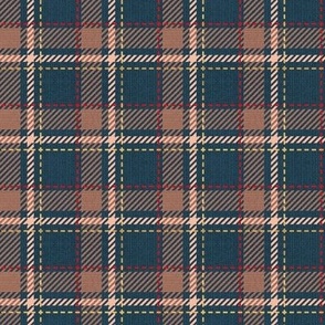 Tiny scale // Reworked tartan cloth // nile blue background toast brown flesh vivid red and golden textured criss-crossed vertical and horizontal stripes