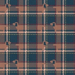 Tiny scale // Ta ta tartan doxie reworked tartan // nile blue background toast brown dachshund dog flesh vivid red and golden textured criss-crossed vertical and horizontal stripes