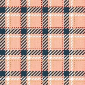 Tiny scale // Reworked tartan cloth // flesh background nile blue vivid red white and golden textured criss-crossed vertical and horizontal stripes