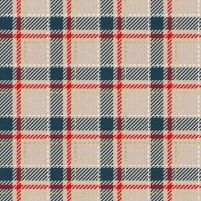 Tiny scale // Reworked tartan cloth // greige background nile blue vivid red white and golden textured criss-crossed vertical and horizontal stripes