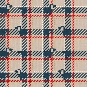 Tiny scale // Ta ta tartan doxie reworked tartan // greige background nile blue dachshund dog vivid red white and golden textured criss-crossed vertical and horizontal stripes
