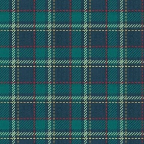 Tiny scale // Reworked tartan cloth // nile blue background pine jade green vivid red and golden textured criss-crossed vertical and horizontal stripes