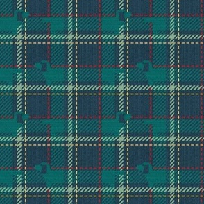 Tiny scale // Ta ta tartan doxie reworked tartan // nile blue background pine dachshund dog jade green vivid red and golden textured criss-crossed vertical and horizontal stripes
