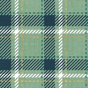 Small scale // Reworked tartan cloth // jade green background nile blue pine green white and golden textured criss-crossed vertical and horizontal stripes