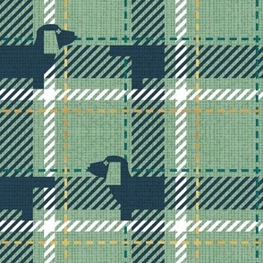 Small scale // Ta ta tartan doxie reworked tartan // jade green background nile blue dachshund dog pine green white and golden textured criss-crossed vertical and horizontal stripes